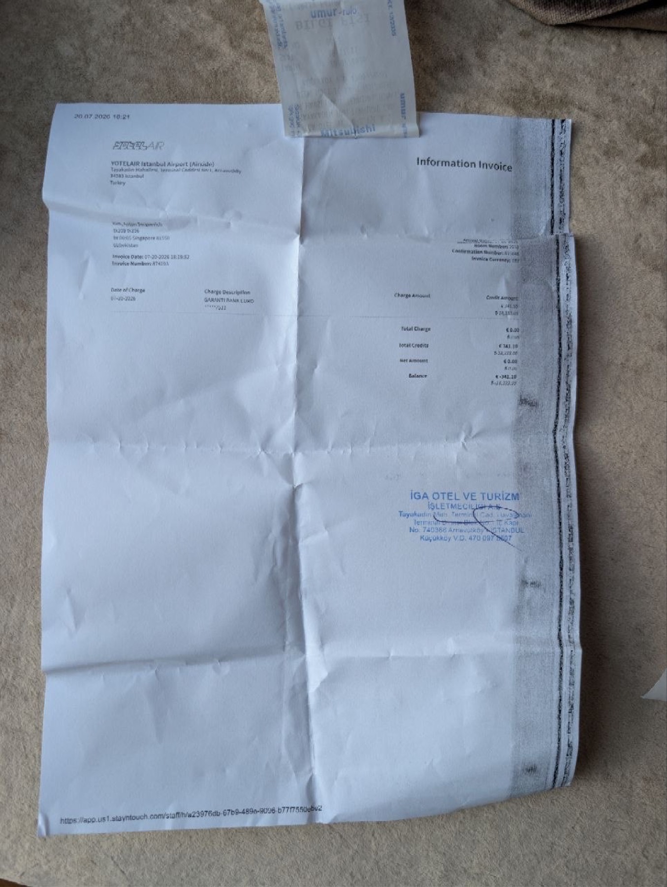 YOTELAIR inv. 874155 receipt