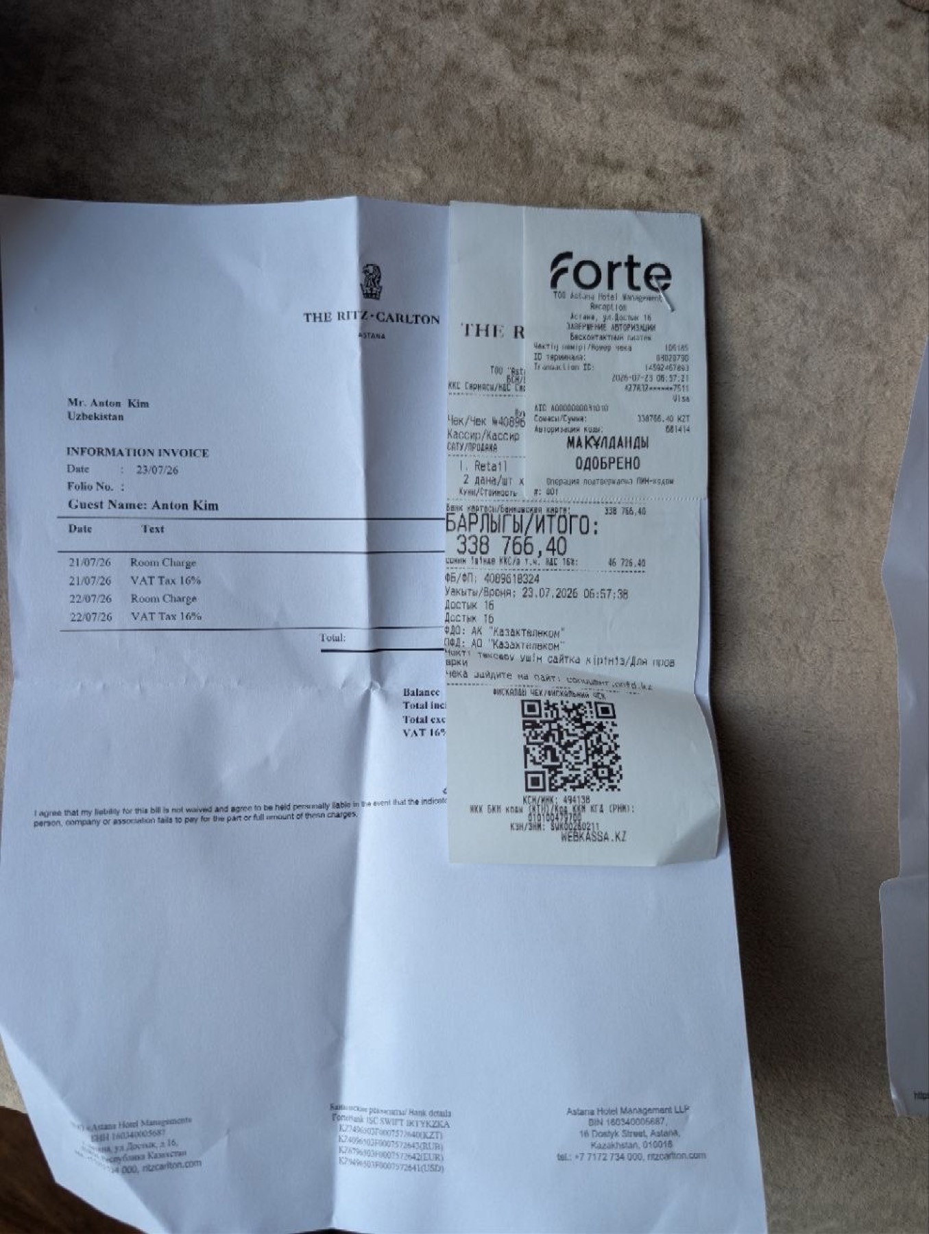 Ritz lodging receipt